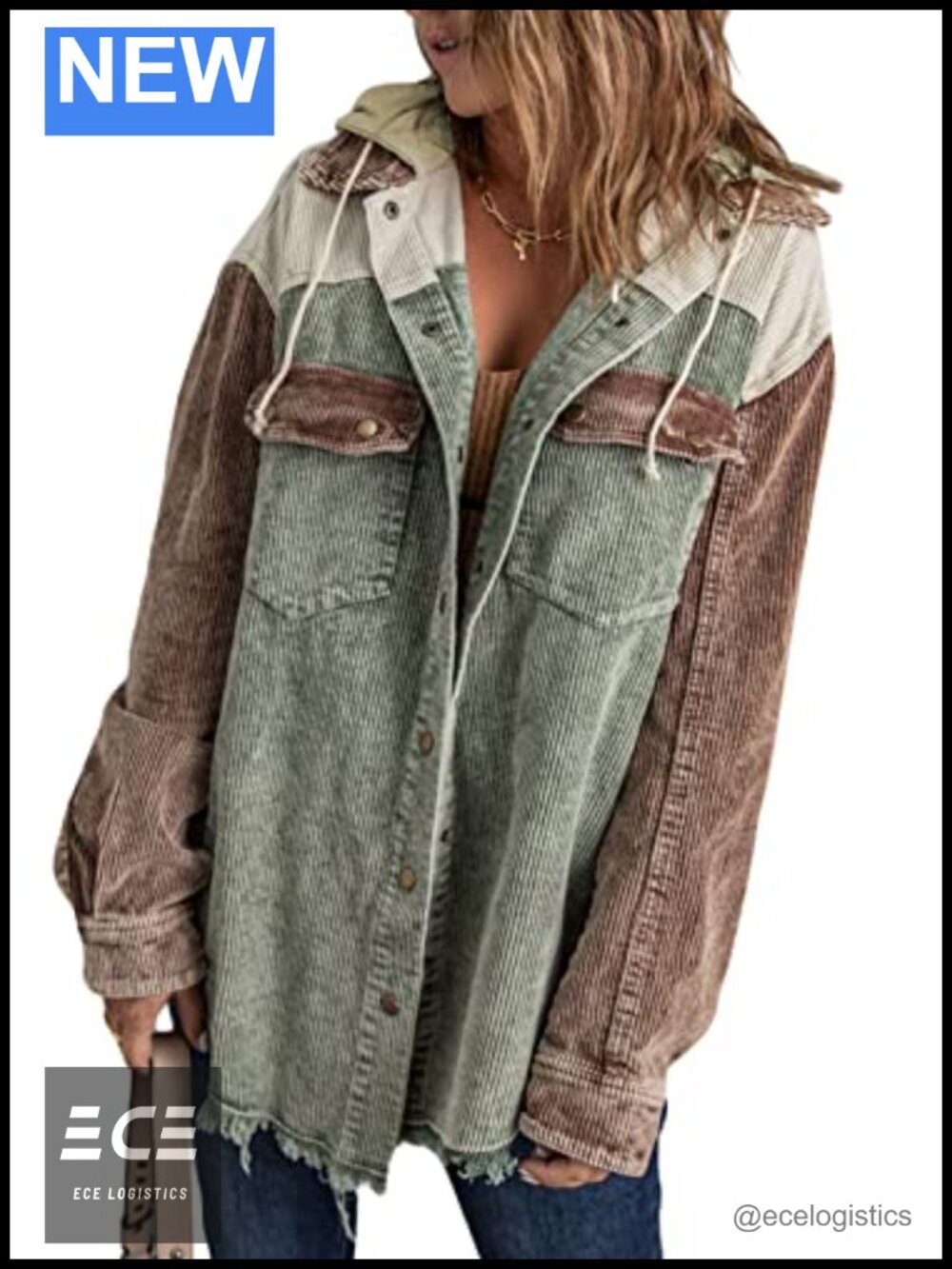 Corduroy Shacket Jacket Long Sleeve Button Down Hooded Coat with Pockets